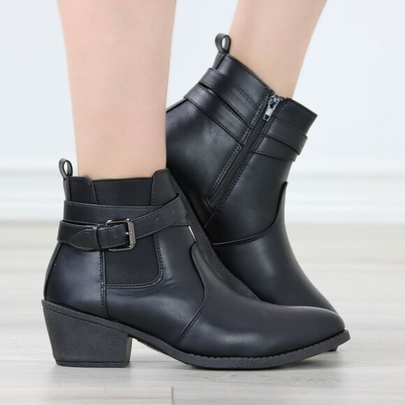 Black Ankle Boots Buckle Strap Faux Leather Low Heel Pointed Toe - Picture 8 of 11